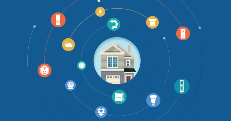 An illustration of a house in the middle with elements of electricity surrounding the house in a constellation pattern