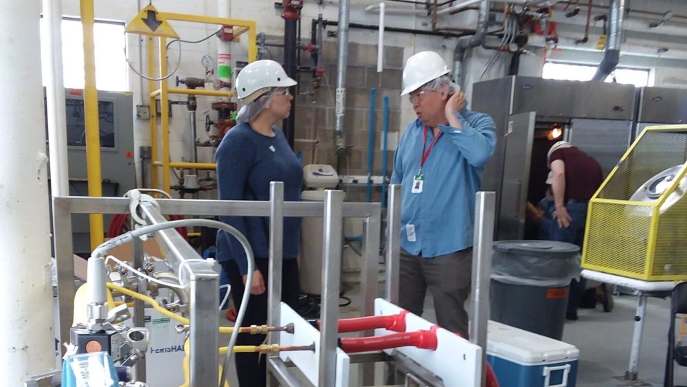 Two people standing in a lab talking